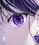  1girl close-up commentary earrings eye_focus eyelashes jewelry light_particles looking_at_viewer mahiru_yura original portrait purple_hair solo symbol-only_commentary violet_eyes 