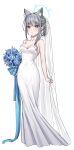  1girl absurdres animal_ears blue_archive blue_flower blush bouquet breasts bridal_veil dress flower full_body grabbing grey_hair hair_ornament hairpin halo heterochromia highres long_dress looking_at_viewer medium_breasts medium_hair off-shoulder_dress off_shoulder parted_lips raki_kr scarf shiroko_(blue_archive) simple_background solo veil wedding_dress white_background white_dress wolf_ears 
