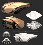  3d amarr_empire_(eve_online) commentary concept_art eve_online from_above from_behind from_below from_side glowing grey_background highres multiple_views no_humans original science_fiction shoc86 spacecraft thrusters vehicle_focus 