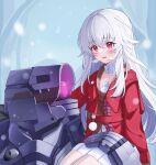  1girl absurdres clara_(honkai:_star_rail) highres honkai:_star_rail honkai_(series) jacket long_hair looking_at_viewer lorian_(ahrs3558) red_eyes red_jacket robot skirt solo thighs white_hair white_skirt 