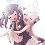  2girls animal_ears black_dress black_hair blue_archive blush carrying carrying_person china_dress chinese_clothes closed_eyes commentary_request dress erogomatinpo female_child gradient_hair grey_hair halo highres hug hug_from_behind kokona_(blue_archive) long_hair medium_hair multicolored_hair multiple_girls open_mouth pinstripe_pattern short_sleeves shun_(blue_archive) shun_(small)_(blue_archive) siblings simple_background sisters skirt sleeveless sleeveless_dress smile striped thigh-highs thighs twintails very_long_hair white_background white_skirt white_thighhighs 
