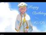  1girl andanden aria athena_glory blue_sky capelet closed_eyes clouds cloudy_sky dark-skinned_female dark_skin dated eyelashes gold_trim hand_up happy_birthday highres holding holding_oar letterboxed long_sleeves medium_hair necktie oar open_mouth orange_planet_uniform outdoors parted_bangs pink_hair sidelocks signature sky solo teeth undine_(aria) upper_body upper_teeth_only white_capelet white_headwear yellow_necktie 