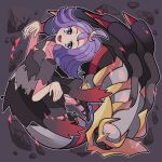  1girl :d acerola_(pokemon) adapted_costume black_footwear collarbone commentary_request dress flipped_hair giratina giratina_(origin) grey_dress grey_eyes hair_ornament hairclip highres looking_at_viewer medium_hair open_mouth pokemon pokemon_(creature) pokemon_(game) pokemon_sm purple_hair shoes short_sleeves smile stitches sutokame topknot torn_clothes torn_dress 