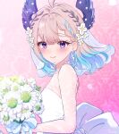  1girl ahoge back_bow blonde_hair blue_hair blush bouquet bow commentary dress earrings english_commentary enna_alouette floating_hair flower head_wings highres holding holding_bouquet jewelry medium_hair mugimugigo nijisanji nijisanji_en purple_bow purple_wings smile solo veil violet_eyes wedding_dress white_dress white_flower wings 