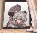  2girls all_fours animal_ears animal_print back_bow bare_shoulders boots bow bowtie brown_pantyhose cat_ears cat_girl cat_print cat_tail dhole_(kemono_friends) elbow_gloves gloves green_eyes grey_bow grey_bowtie grey_gloves grey_hair grey_shirt hiding highres kemono_friends kosai_takayuki multicolored_hair multiple_girls pantyhose print_gloves print_shirt print_skirt sandals shirt short_hair skirt sleeveless table tail tsushima_leopard_cat_(kemono_friends) two-tone_pantyhose under_table white_footwear white_pantyhose 