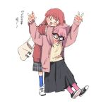  2girls :d bag bespectacled black_footwear black_skirt blue_eyes blue_socks blush bocchi_the_rock! closed_eyes commentary d3g_takahashi double_v glasses gloom_(expression) gotou_hitori hair_between_eyes holding_another&#039;s_wrist hood hood_up jacket kita_ikuyo leaning_on_person long_sleeves multiple_girls open_clothes open_jacket open_mouth pink_hair pink_jacket pink_socks plaid plaid_skirt red_sweater redhead shirt shoulder_bag simple_background skirt smile socks standing sweatdrop sweater translation_request v white_background white_footwear yellow_shirt yuri 