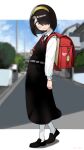  1girl absurdres backpack bag black_hair blurry blurry_background crime_prevention_buzzer day dress full_body hair_over_one_eye hairband highres hylran0427 jijou_wo_shiranai_tenkousei_ga_guigui_kuru. loafers nishimura_akane outdoors pinafore_dress randoseru sanpaku shoes short_hair sleeveless sleeveless_dress solo 