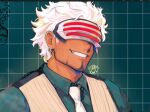  1boy ace_attorney artist_name earrings english_commentary eye_mask facial_hair facing_viewer godot_(ace_attorney) green_background green_shirt grin highres jewelry male_focus mask messyinklines necktie pinstripe_pattern pinstripe_vest shirt short_hair sketch smile striped upper_body vest white_hair white_necktie white_vest 