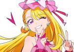  1girl absurdres asymmetrical_bangs bare_shoulders blonde_hair braid butterfly_brooch cure_butterfly double_v earrings grin hat highres hijiri_ageha hirogaru_sky!_precure jewelry long_hair magical_girl one_eye_closed pink_nails precure simple_background smile solo swept_bangs tsukikage_oyama v violet_eyes white_background 