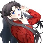  1girl black_hair blue_eyes commentary fate_(series) long_hair long_sleeves looking_at_viewer open_mouth red_shirt shirt sidelocks simple_background solo teeth tohsaka_rin ttumupen upper_body upper_teeth_only white_background 