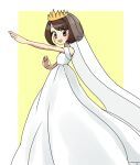  1girl :d alternate_costume asamaru1225 blush border brown_eyes brown_hair commentary_request crown dress eyelashes gloria_(pokemon) happy highres off-shoulder_dress off_shoulder open_mouth outstretched_arm pokemon pokemon_(game) pokemon_swsh short_hair smile solo teeth upper_teeth_only wedding_dress white_border white_dress yellow_background 