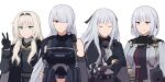  4girls absurdres ak-12_(girls&#039;_frontline) ak-15_(girls&#039;_frontline) ammunition_pouch an-94_(girls&#039;_frontline) blonde_hair blue_eyes breasts closed_eyes closed_mouth clothing_cutout defy_(girls&#039;_frontline) girls_frontline grey_hair highres midriff multiple_girls navel_cutout one_eye_covered open_mouth pouch rpk-16_(girls&#039;_frontline) short_hair simobulanka smile tactical_clothes upper_body v violet_eyes 