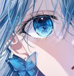  1girl blue_eyes blue_hair butterfly-shaped_pupils butterfly_earrings chromatic_aberration close-up commentary crying crying_with_eyes_open earrings eye_focus hair_between_eyes jewelry light_particles looking_at_viewer mahiru_yura open_mouth original shade solo sparkle symbol-only_commentary tears white_background 