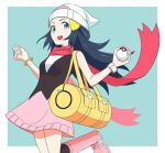  1girl :d absurdres bag beanie black_hair blue_eyes boots border bracelet duffel_bag eyelashes floating_scarf green_background hat highres hikari_(pokemon) holding holding_poke_ball jewelry kneehighs long_hair open_mouth pink_footwear pink_scarf pink_skirt poke_ball poke_ball_(basic) pokemon pokemon_(game) pokemon_dppt poketch rii_(mrhc7482) scarf shirt skirt sleeveless sleeveless_shirt smile socks solo teeth upper_teeth_only w_arms watch watch white_border white_headwear yellow_bag 