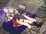  2girls black_dress boots bracelet bridal_gauntlets closed_eyes closed_mouth covered_navel dress fingerless_gloves fire_emblem fire_emblem:_genealogy_of_the_holy_war fire_emblem_heroes gloves grey_hair highres igni_tion jewelry long_hair lying lying_on_person mother_and_daughter multi-tied_hair multiple_girls on_back pelvic_curtain ponytail purple_dress purple_hair sleeping smile stone_floor sunlight tailtiu_(fire_emblem) tine_(fire_emblem) twintails 