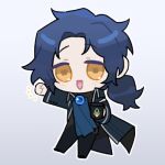  1boy ascot black_pants blue_ascot blue_coat blue_gemstone blue_hair brooch chesed_(project_moon) chibi clenched_hand coat cup gem holding holding_cup jewelry lc_warning library_of_ruina looking_at_viewer low_ponytail lowres mug open_mouth pants parted_bangs project_moon simple_background smile solo standing standing_on_one_leg white_background yellow_eyes 