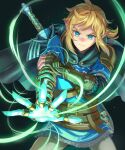  1boy blue_eyes blue_tunic fingerless_gloves gauntlets gloves hood light_brown_hair link magic master_sword mitama_(mokochiko) pointy_ears sidelocks single_gauntlet solo the_legend_of_zelda the_legend_of_zelda:_tears_of_the_kingdom 