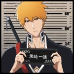 1boy barbie_mugshot_(meme) black_kimono bleach bleach:_the_thousand-year_blood_war card character_name chest_tattoo closed_mouth english_commentary hair_between_eyes height_chart height_mark highres holding holding_card holding_sign japanese_clothes kimono kurosaki_ichigo looking_at_viewer male_focus meme mugshot orange_hair rozuberry shinigami sign spiky_hair sword sword_on_back tattoo upper_body weapon weapon_on_back zanpakutou 