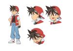  1boy belt belt_buckle brown_belt brown_eyes brown_hair buckle closed_mouth commentary_request fingerless_gloves gloves hat highres jacket male_focus multiple_views open_clothes open_jacket pants pokemon pokemon_adventures red_(pokemon) red_headwear sawa_(soranosawa) shirt shoes short_hair simple_background smile spiky_hair white_background white_footwear 
