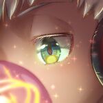  1boy close-up commentary_request dark-skinned_male dark_skin duo_(housamo) eyelashes glowing green_eyes half-closed_eye headphones konno_naruko lowres male_focus solo sparkle tokyo_afterschool_summoners white_hair 