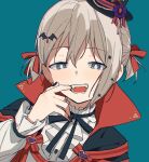  1girl aoba_moca bang_dream! black_headwear black_nails black_ribbon blue_background blue_eyes blush bright_pupils cape center_frills close-up coldcat. dot_nose fangs finger_in_own_mouth flat_color flower frilled_shirt frills grey_hair hair_between_eyes hair_ornament hair_ribbon halloween_costume hand_up hat hat_flower high_collar highres long_sleeves looking_at_viewer mini_hat mini_top_hat nail_polish neck_garter neck_ribbon portrait purple_flower raised_eyebrows red_cape red_ribbon ribbon shirt sidelocks simple_background solo star_(symbol) star_hair_ornament top_hat two_side_up vampire_costume white_pupils white_shirt 