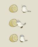  :x bird bird_legs bird_tail chick curious eating food from_side fruit grey_fur highres lemon lemon_slice looking_to_the_side noichif original pecking simple_background solo tail white_bird yellow_background 