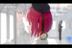  1girl arima_kana battery_indicator beret black_headwear blurry blurry_background blush bob_cut closed_mouth collared_shirt commentary_request film_grain hat highres inverted_bob letterboxed light_particles looking_at_viewer looking_to_the_side medium_hair o-ring oshi_no_ko people red_eyes redhead shirt solo stoner08 train_interior viewfinder white_shirt 