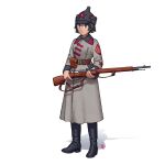  1girl absurdres ammunition_pouch belt black_footwear black_hair bolt_action boots brown_hair budenovka coat greatcoat grey_coat gun hammer_and_sickle highres holding holding_gun holding_weapon military military_uniform mosin-nagant original ostwindprojekt pouch red_star rifle shadow signature simple_background sling soviet soviet_army uniform weapon 