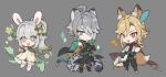  +++ ahoge alhaitham_(genshin_impact) animal_ears blonde_hair cape chibi closed_mouth detached_sleeves dress earrings feather_hair_ornament feathers flower full_body genshin_impact green_eyes green_hair grey_background grey_hair hair_between_eyes hair_ornament highres jewelry kaveh_(genshin_impact) long_hair looking_at_viewer multicolored_hair nahida_(genshin_impact) open_mouth papajay_(jennygin2) pointy_ears red_eyes side_ponytail tail 