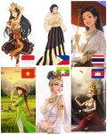 burmese_flag cambodian_flag costume folding_fan indonesian_flag long_hair multiple_girls original parasol philippine_flag rice_paddy thai_flag vietnamese_flag