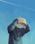  1boy black_sweater blue_background blue_sky chain_necklace contrail hand_on_headwear hat itadori_yuuji jewelry jujutsu_kaisen long_sleeves looking_at_viewer male_focus necklace outdoors pink_hair qxq_illus sky solo sweater twitter_username undercut upper_body yellow_headwear 