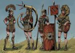  4girls animal_skin_hat armor banner cornu grass greaves helmet highres ho-uja holding holding_polearm holding_weapon instrument multiple_girls music original pilum plate_armor playing_instrument polearm red_tunic roman_empire sandals scale_armor shield sword weapon 