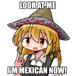  1girl black_vest blonde_hair bow braid commentary english_text green_bow hair_bow hand_up hat image_macro_(meme) impact_(font) index_finger_raised kasuya_baian kirisame_marisa long_hair look_at_me_i&#039;m_the_captain_now_(meme) looking_at_viewer meme open_mouth shirt simple_background single_braid smile solo straw_hat teeth touhou upper_body upper_teeth_only vest white_background white_shirt yellow_eyes 