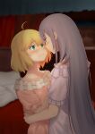  2girls ahoge anisphia_wynn_palettia bed bedroom blonde_hair blush euphyllia_magenta eye_contact green_eyes grey_hair highres indoors long_hair looking_at_another lost_july multiple_girls short_hair smile tensei_oujo_to_tensai_reijou_no_mahou_kakumei violet_eyes yuri 