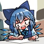  1girl anger_vein blue_bow blue_hair bow cirno collared_shirt commentary_request constricted_pupils detached_wings drawing hair_bow holding holding_pencil ice ice_wings jitome kasuya_baian meme_request open_mouth paper partial_commentary pencil puffy_short_sleeves puffy_sleeves shirt short_hair short_sleeves solo teeth touhou upper_teeth_only v-shaped_eyebrows white_shirt wings 