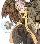  1boy bird buttons clenched_hand commentary_request english_text feathered_wings green_eyes id_:invaded lapels long_sleeves open_mouth scarf short_hair solo wings yashi_ur yellow_scarf 
