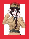  1girl antique_telephone belt black_belt black_necktie border braid breasts brown_hair epaulettes french_army green_eyes hat highres holding holding_phone kantele445 kepi leather_belt long_bangs long_braid long_hair medium_breasts military military_hat military_jacket military_uniform necktie open_mouth original parted_bangs phone profile red_border shirt simple_background solo solo_focus sweat sweatdrop uniform white_background world_war_ii worried 