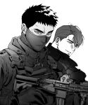  2boys beware_the_ides_of_march bulletproof_vest chlthd_990 covered_mouth gloves greyscale gun highres holding holding_gun holding_weapon jacket kim_nak-won male_focus mask monochrome mouth_mask multiple_boys park_mok-hwa serious short_hair simple_background smile upper_body weapon 