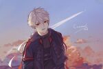  1boy clouds contrail dated hair_between_eyes hood hooded_jacket jacket kuzuha_(nijisanji) looking_at_viewer nijisanji pointy_ears red_eyes solo vampire wenddy992 white_hair 