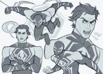  1boy bodysuit cheekbones claws collarbone constricted_pupils eis_(eiseisbb) fangs fingernails food greyscale hair_slicked_back hexagon highres lightning_bolt_symbol looking_at_viewer male_focus marvel mask miguel_o&#039;hara monochrome multiple_views muscular muscular_male open_mouth sharp_fingernails sideways_glance simple_background skin_tight smile sparkle spider-man:_across_the_spider-verse spider-man_(2099) spider-man_(series) spoken_food wide-eyed 