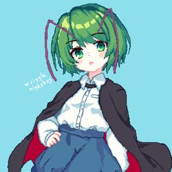  1girl 999_(hansode) antennae black_cape blue_background blue_shorts cape character_name commentary_request green_eyes green_hair hand_on_own_hip highres long_sleeves looking_at_viewer open_mouth pixel_art short_hair shorts solo touhou upper_body wriggle_nightbug 