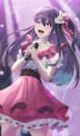  1girl :d absurdres blush chromatic_aberration collarbone commentary cowboy_shot dress film_grain frilled_dress frills hair_between_eyes highres holding holding_microphone hoshino_ai_(oshi_no_ko) idol idol_clothes light_particles long_hair microphone one_side_up open_mouth oshi_no_ko pink_dress puffy_sleeves purple_hair ryon_y0421 sidelocks smile solo sparkle star-shaped_pupils star_(symbol) symbol-shaped_pupils teeth two-tone_dress violet_eyes white_dress 