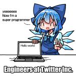  1girl blue_bow blue_bowtie blue_dress blue_hair bow bowtie cirno closed_eyes collared_shirt commentary computer dress english_text facing_viewer hair_bow hands_up ice ice_wings impact_(font) kasuya_baian laptop meme open_mouth programming_(topic) puffy_short_sleeves puffy_sleeves shirt short_hair short_sleeves simple_background smile solo touhou twitter v white_background white_shirt wings 