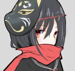  1girl black_hair black_serafuku black_shirt close-up eijirou02 fox_mask grey_background long_hair looking_at_viewer mask mask_on_head red_eyes red_scarf ribbon sailor_collar sayo_samonji_(tenka_hyakken) scarf scarf_over_mouth school_uniform serafuku shirt sketch solo tenka_hyakken upper_body 