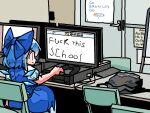  1girl blue_bow blue_dress blue_hair bow chair cirno closed_mouth commentary computer desk dress english_text fuck_this_school_(meme) hair_bow ice ice_wings indoors kasuya_baian looking_at_screen meme monitor photo-referenced profanity puffy_short_sleeves puffy_sleeves short_hair short_sleeves sitting solo touhou wings 