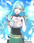  1girl armor armored_dress blue_hair blue_sky breastplate breasts chloe_(fire_emblem) clouds commentary detached_collar dfhnokenbutu dress earrings elbow_gloves feathers fire_emblem fire_emblem_engage gloves green_dress green_eyes hand_on_own_chest highres jewelry long_hair looking_at_viewer medium_breasts shoulder_armor sky solo twitter_username very_long_hair white_gloves 