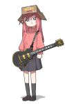  1girl black_socks bocchi_the_rock! box brown_footwear cardboard_box commentary_request cube_hair_ornament electric_guitar full_body gibson_les_paul gotou_hitori grey_skirt guitar hair_between_eyes hair_ornament highres instrument jacket loafers long_hair long_sleeves looking_at_viewer natsuyamai one_side_up pink_hair pink_jacket pleated_skirt pout shoes simple_background skirt socks solo standing track_jacket white_background 