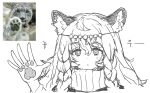  1girl :&lt; animal_ear_fluff animal_ears arknights braid dress grey_eyes hair_between_eyes head_chain jewelry leopard leopard_ears leopard_girl long_hair looking_at_viewer photo_inset pramanix_(arknights) ran_system side_braids solo tail twin_braids very_long_hair white_hair 