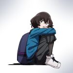  1girl absurdres backpack bag brown_hair dingdaydream dot_nose from_side full_body gradient_background hair_between_eyes highres hoshiai_no_sora hugging_own_legs jaggy_lines long_sleeves looking_at_viewer looking_to_the_side medium_hair mitsue_kanako parted_lips pleated_skirt shadow shoes simple_background sitting skirt solo tareme white_background white_footwear 