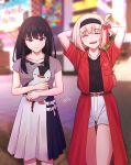  2girls absurdres arms_behind_head belt black_hair black_hairband black_shirt blonde_hair blue_skirt blurry blurry_background chxoswolf city closed_eyes closed_mouth coat collarbone english_commentary feet_out_of_frame grey_shirt hair_ribbon hairband highres holding holding_stuffed_toy inoue_takina jewelry light_smile long_hair long_skirt lycoris_recoil multicolored_clothes multicolored_skirt multiple_girls nishikigi_chisato object_hug open_mouth outdoors pendant red_coat red_ribbon ribbon shirt short_hair short_shorts short_sleeves shorts signature skirt smile standing stuffed_animal stuffed_penguin stuffed_toy violet_eyes walking white_shorts white_skirt 